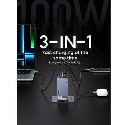 UGREEN Nexode Pro 100W 3-Port GaN Fast Charger UK Grey+1.5M 100W Cable – X757 - Image 1