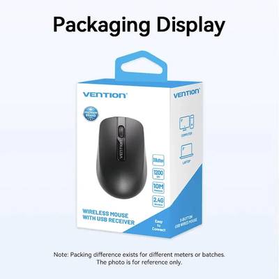 Vention 3-Button Wireless Computer Mouse with USB Receiver Black-KTBB0 - Image 1